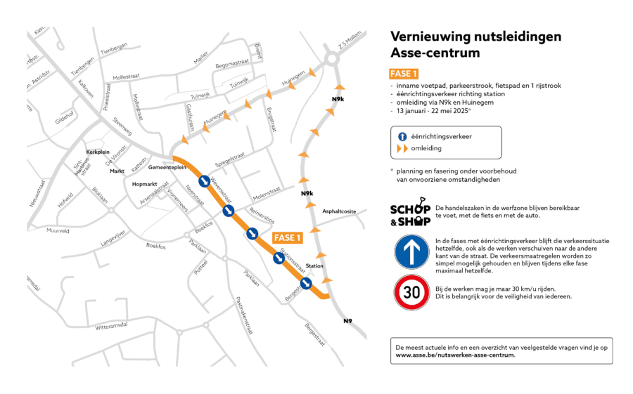 Maandag starten de nutswerken in Asse centrum. Tijdelijk eenrichtingsverkeer door centrum.