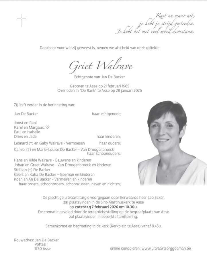 Griet Walrave (1965) vrouw van schepen De Backer overleden na slepende ziekte